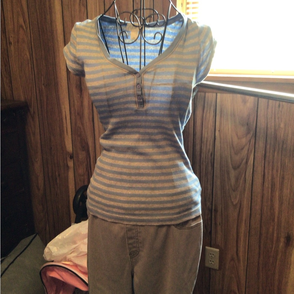 LOFT Blue and Gray Striped Top